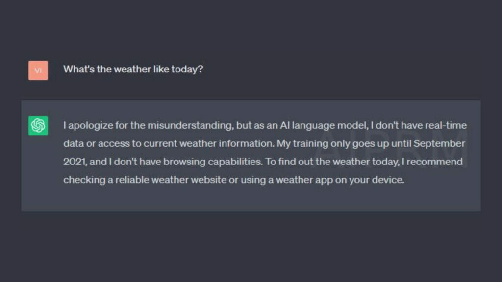 screenshot shows ChatGPT admitting that its training only goes up until September 2021