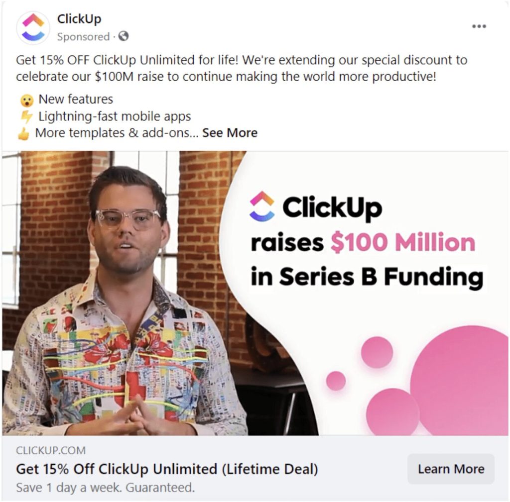 example of an engaging call to action on a Clickup Facebook post