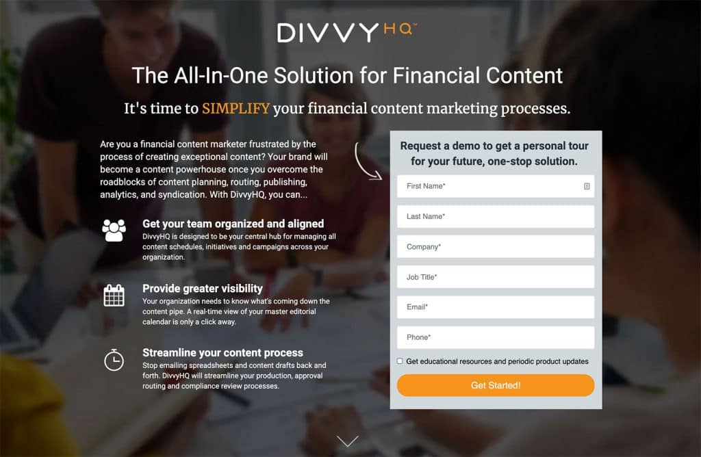 DivvyHQ Financial Landing Page Example 1024x668