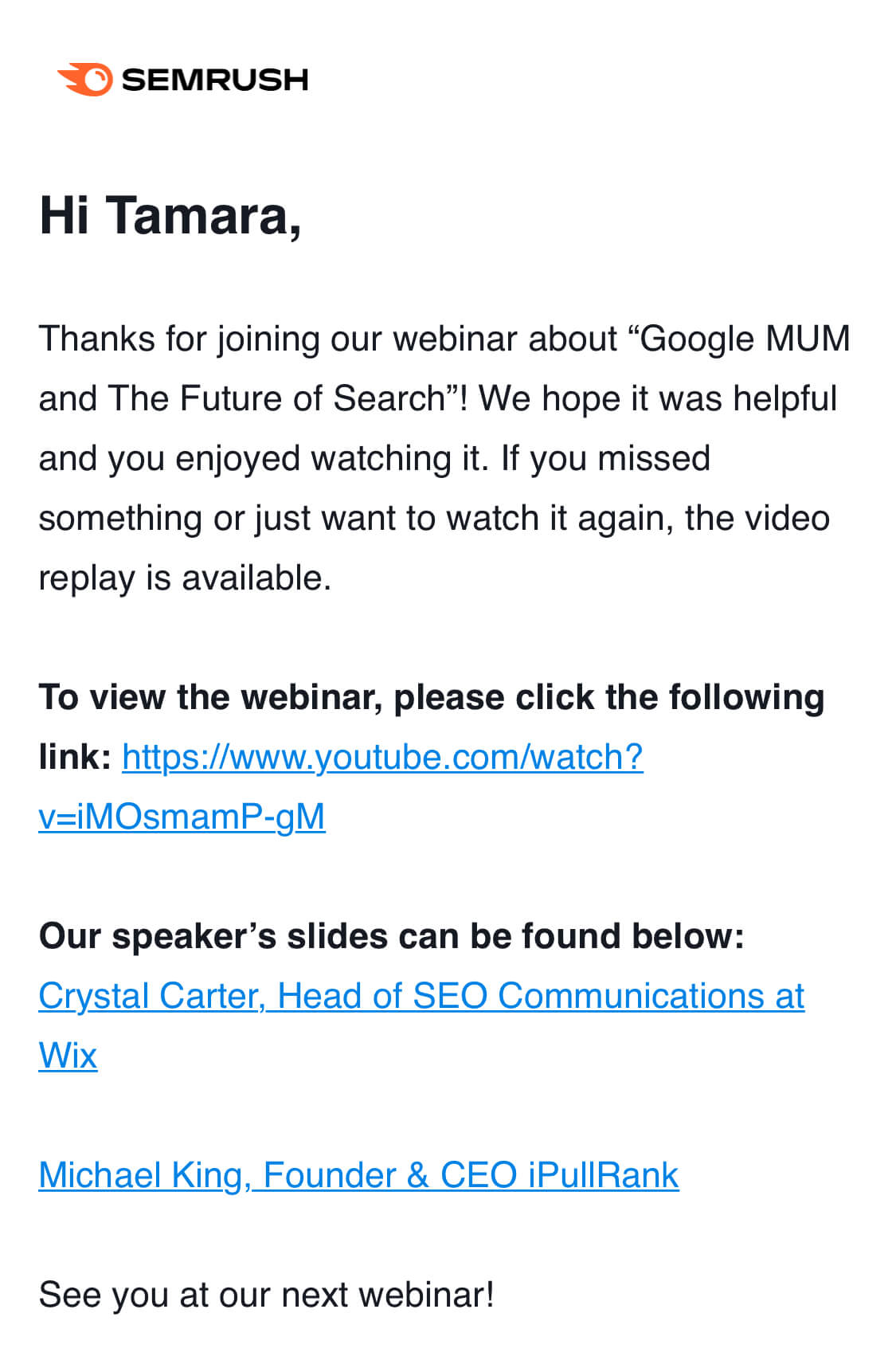 Semrush webinar follow-up example