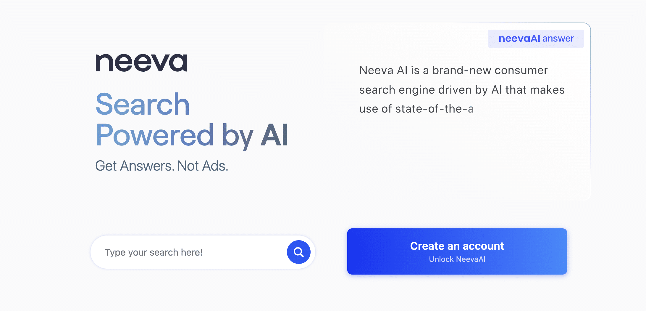 screenshot shows landing page for neeva