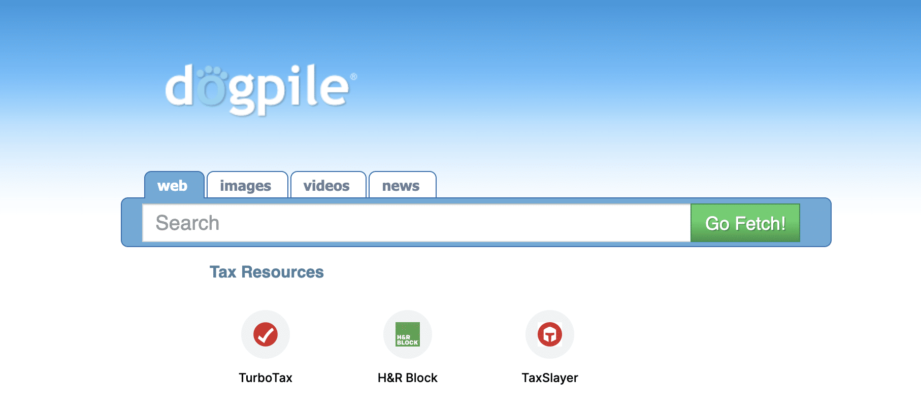 screenshot shows landing page for dogpile search engine