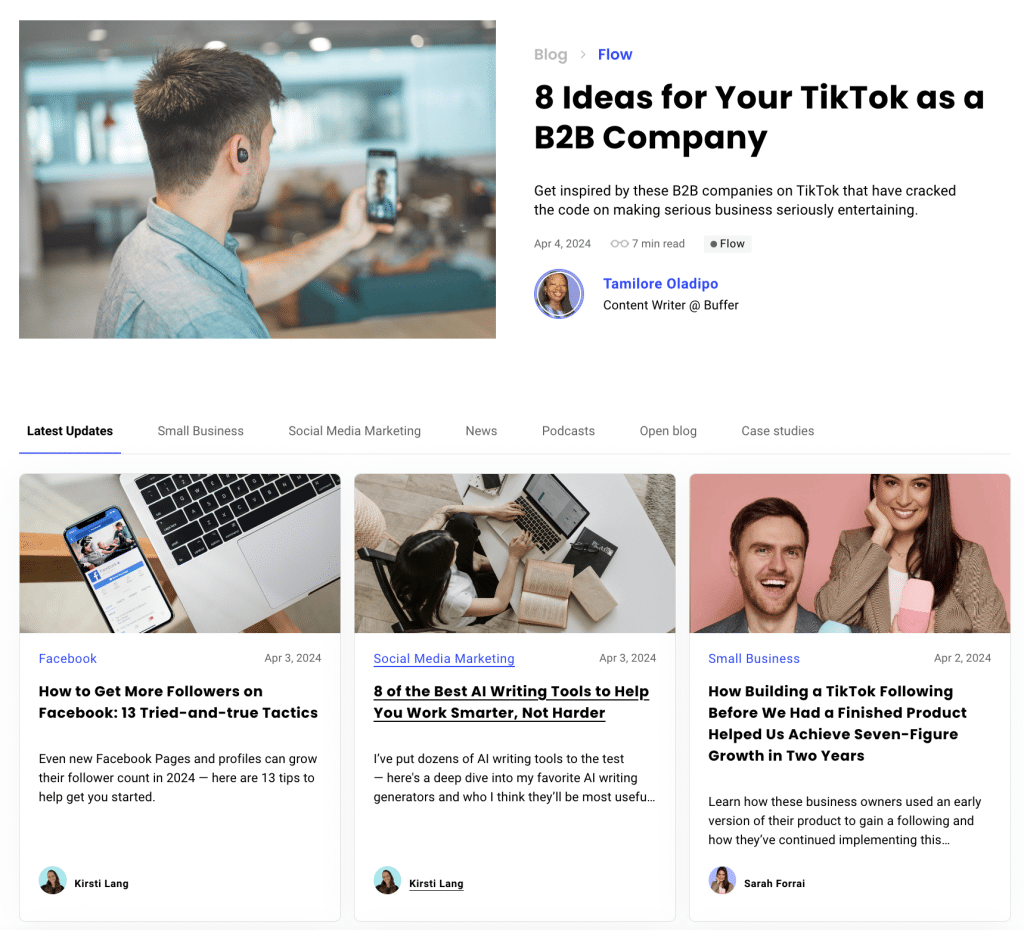 screenshot shows homepage of Buffer’s blog page