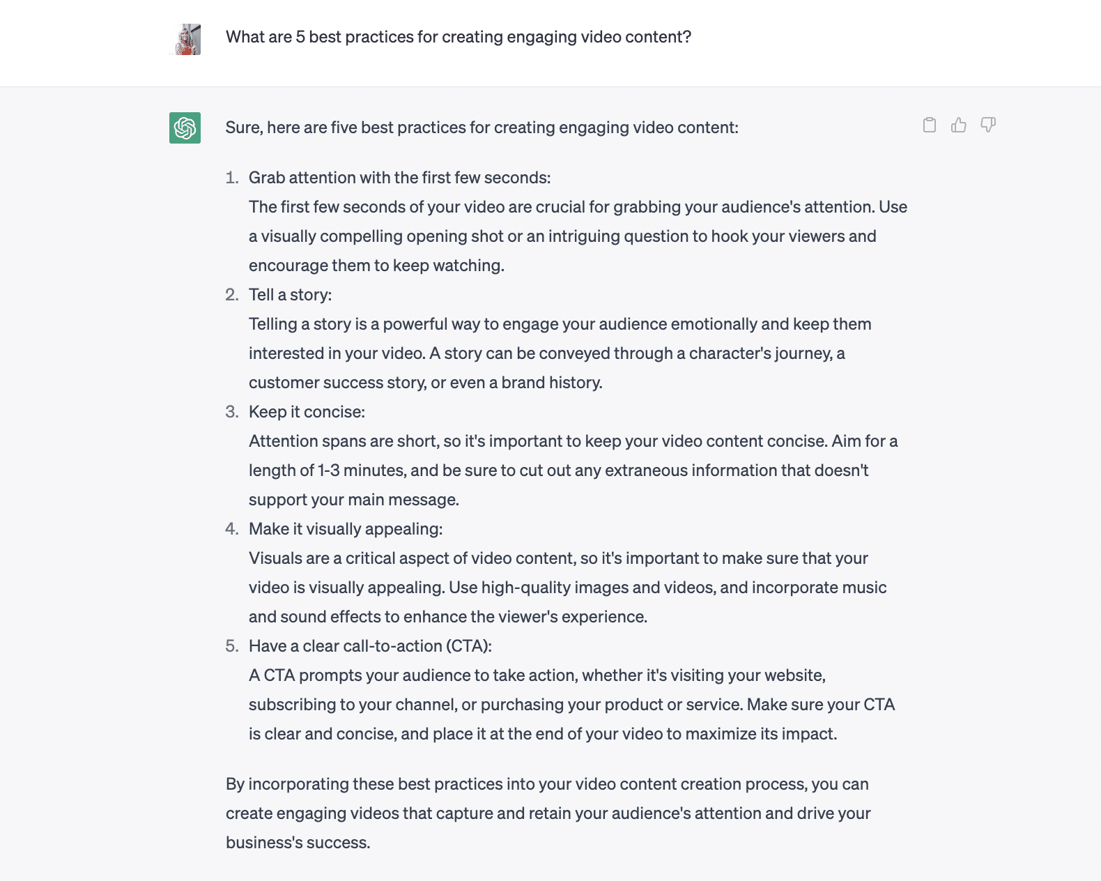 screenshot shows response from ChatGPT when asked to share 5 best practices for creating engaging video content