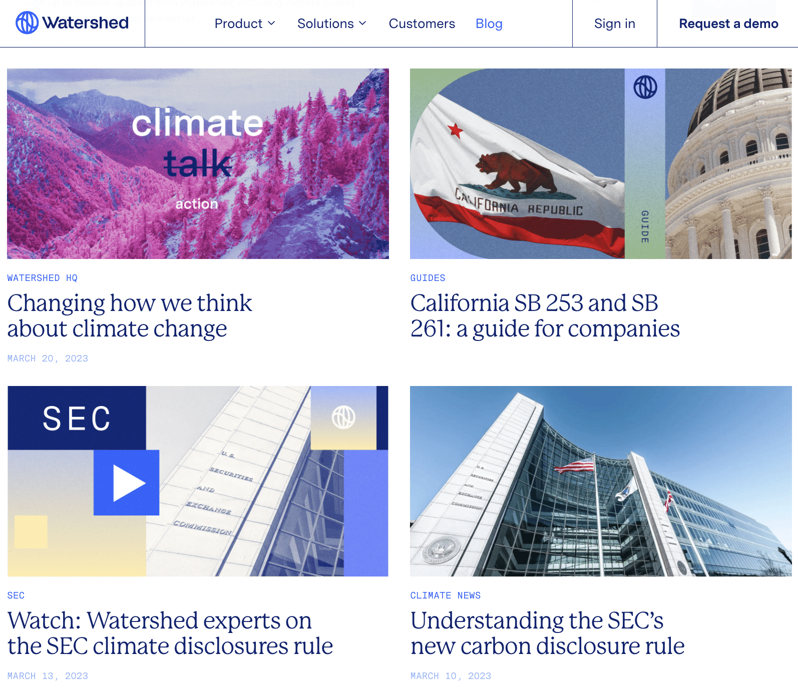 screenshot shows Watershed’s blog page and consistency in publishing