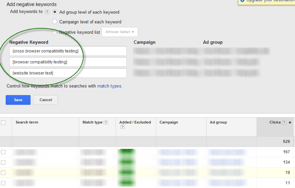 page showing some negative keywords in Google Ads