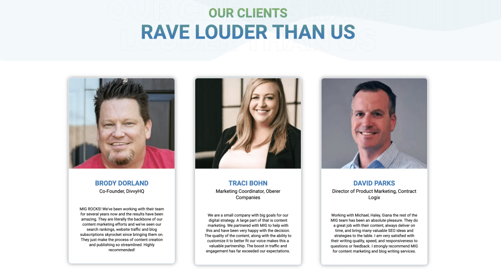 screenshot shows example of highlighted customer testimonials