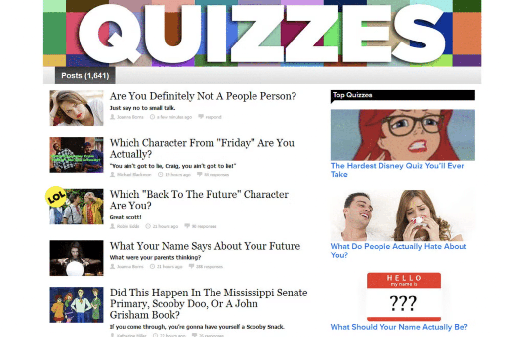 screenshot shows example of interactive Buzzfeed quizzes