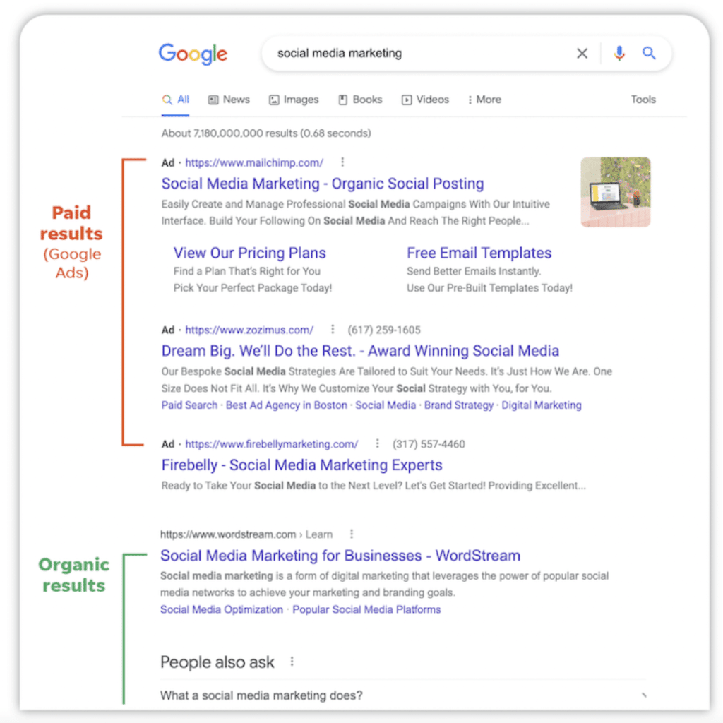 screenshot shows difference between paid media and organic search results on Google