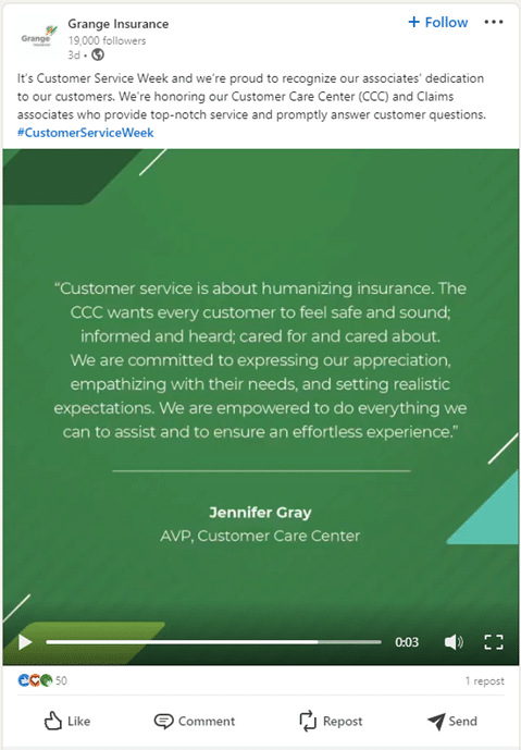 Grange is one of the best B2B content marketing examples with posts that humanize its workers.