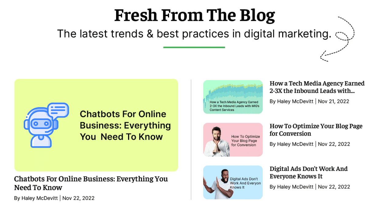 Screenshot of recent blog articles on homepage